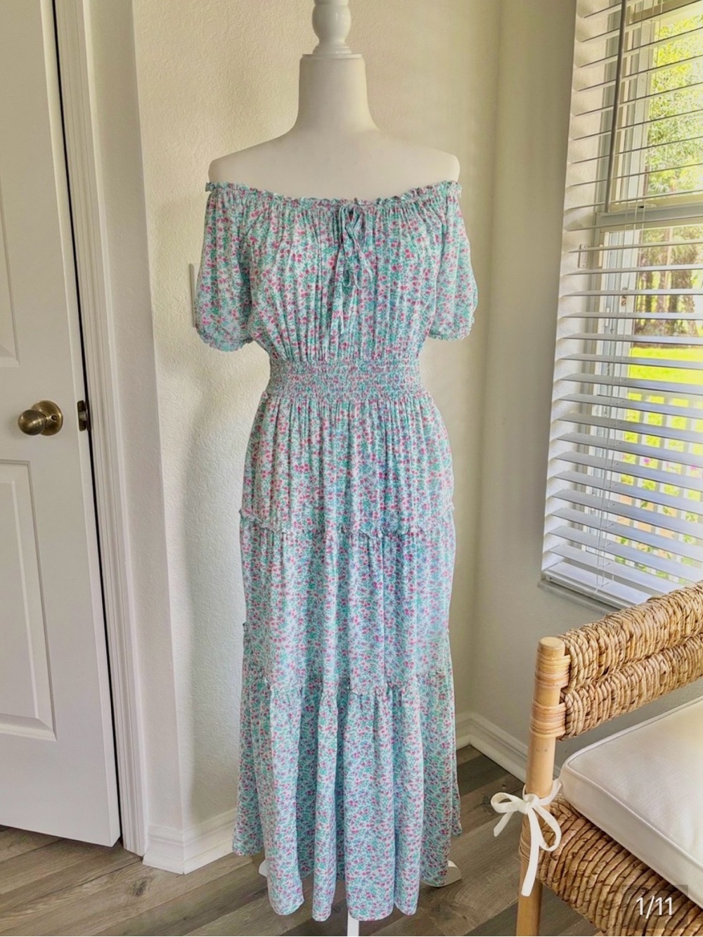 J. Crew Pale Blue/Green & Pink Floral  Tiered Maxi Dress